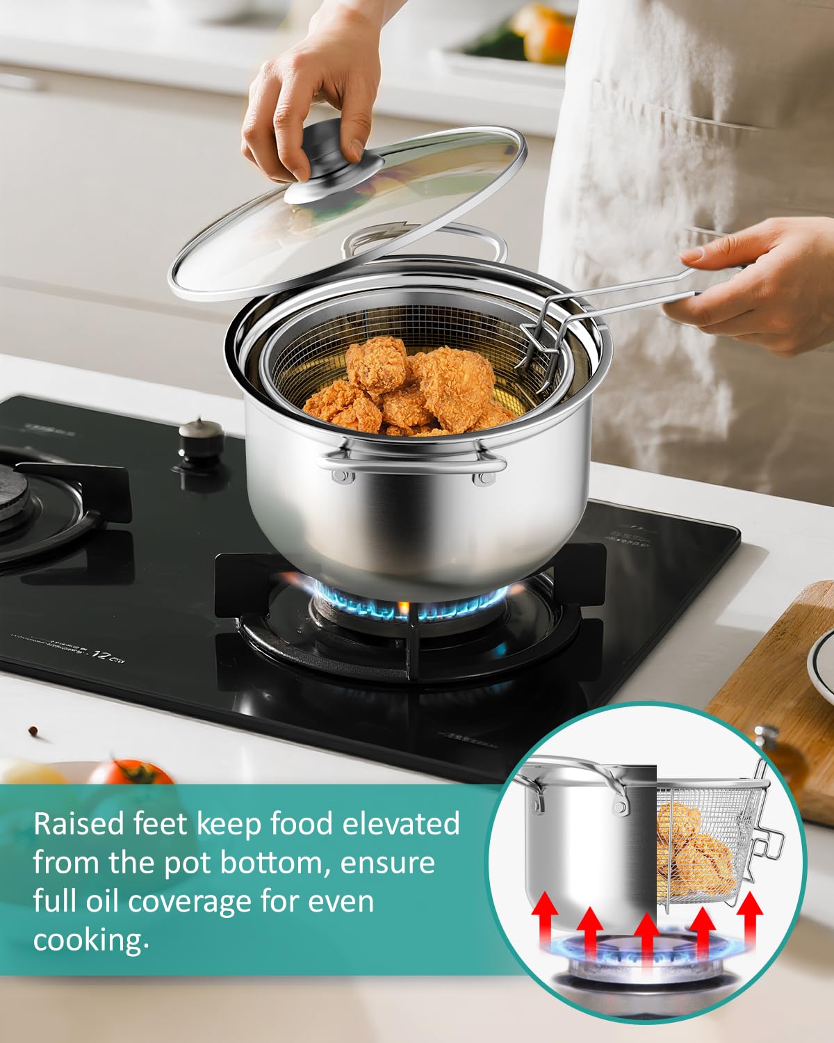 OPENICE Deep Fryer Pot with Basket, Stainless Steel Frying Pot with Basket Lid and Oil Strainer for Stove Top Frying, Boiling, 4.25qt Small Fryer Pot for 1-3 Peoples