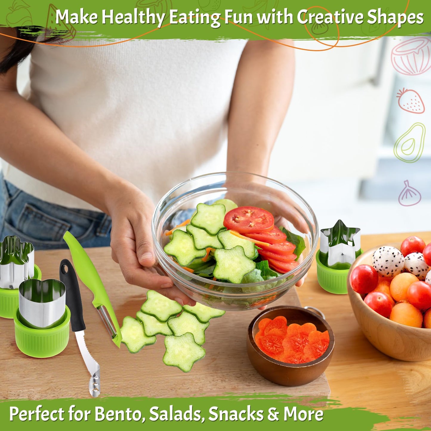 LemonRoad 15 Pcs Fruit Vegetable Coring Carving Tool Set Include Stainless Steel Peeler Carving Knife Melon Baller and 9 Shape Cutters for Home Kitchen Lunches Party Platters Creative Cooking
