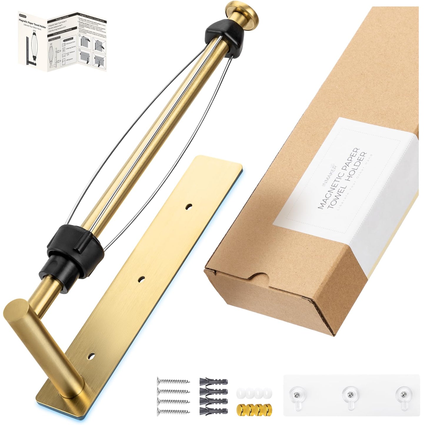 INMAKER Magnetic Paper Towel Holder, Strong Magnet Paper Towel Holder for Fridge, Kitchen, RV, Garage, Grill with Self Adhesive Wall Mount and Screws, One Hand Tear with Adjustable Damping (Gold)