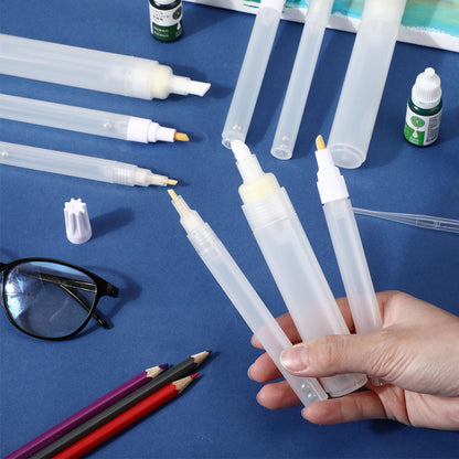 Sherr 16 Pcs Refillable Acrylic Paint Markers Empty Acrylic Markers White Refillable Paint Pen Round Tilted Flat Head Fillable Pen with 3 ml Dropper for Oil Water Ink Art Kit(3,6,8.5 mm)