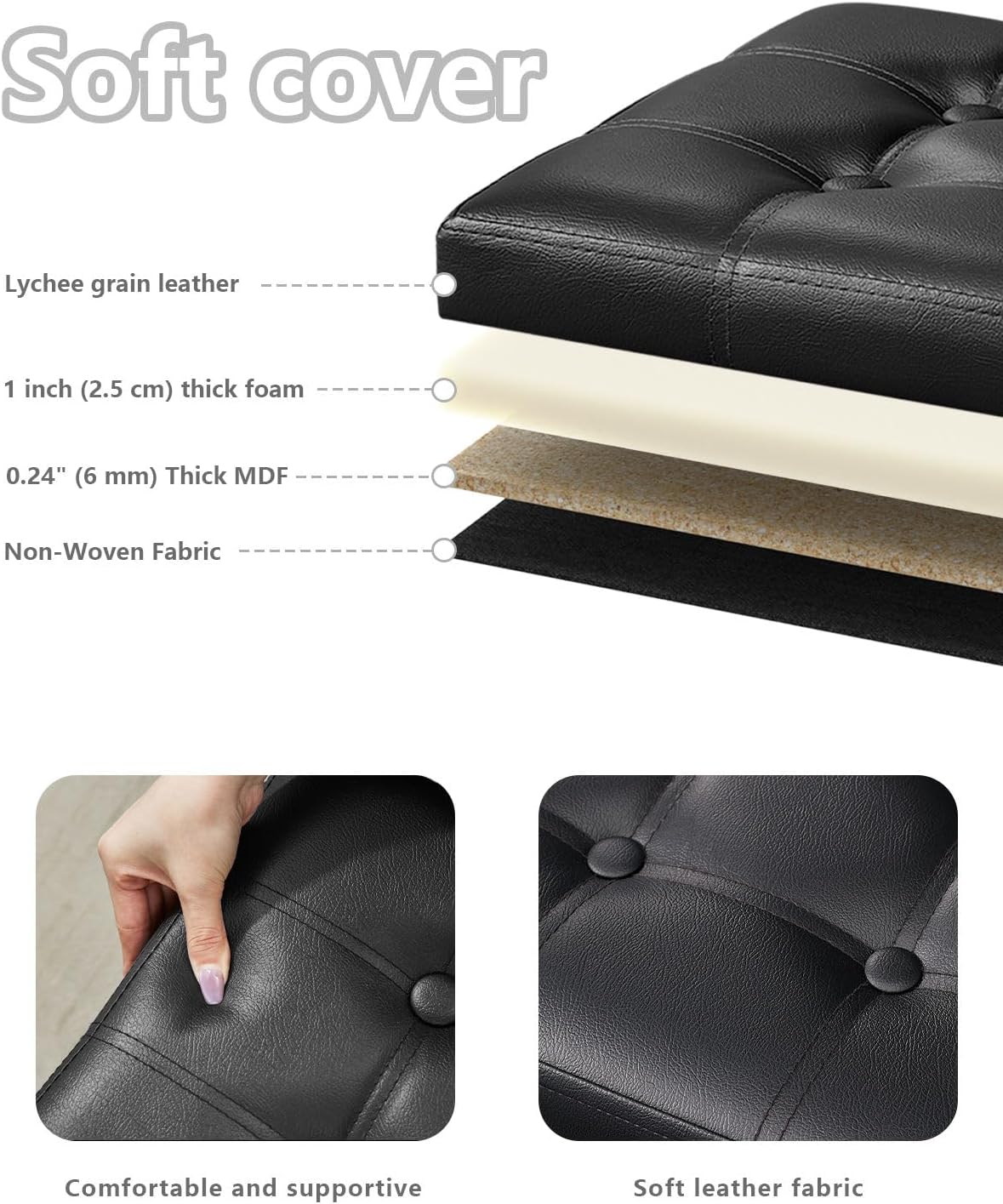 17x13x13in,Black Bsketa Storage Ottoman, Folding Foot Stool with Thicker Foam Padded Seat Small Leather Storage Ottoman