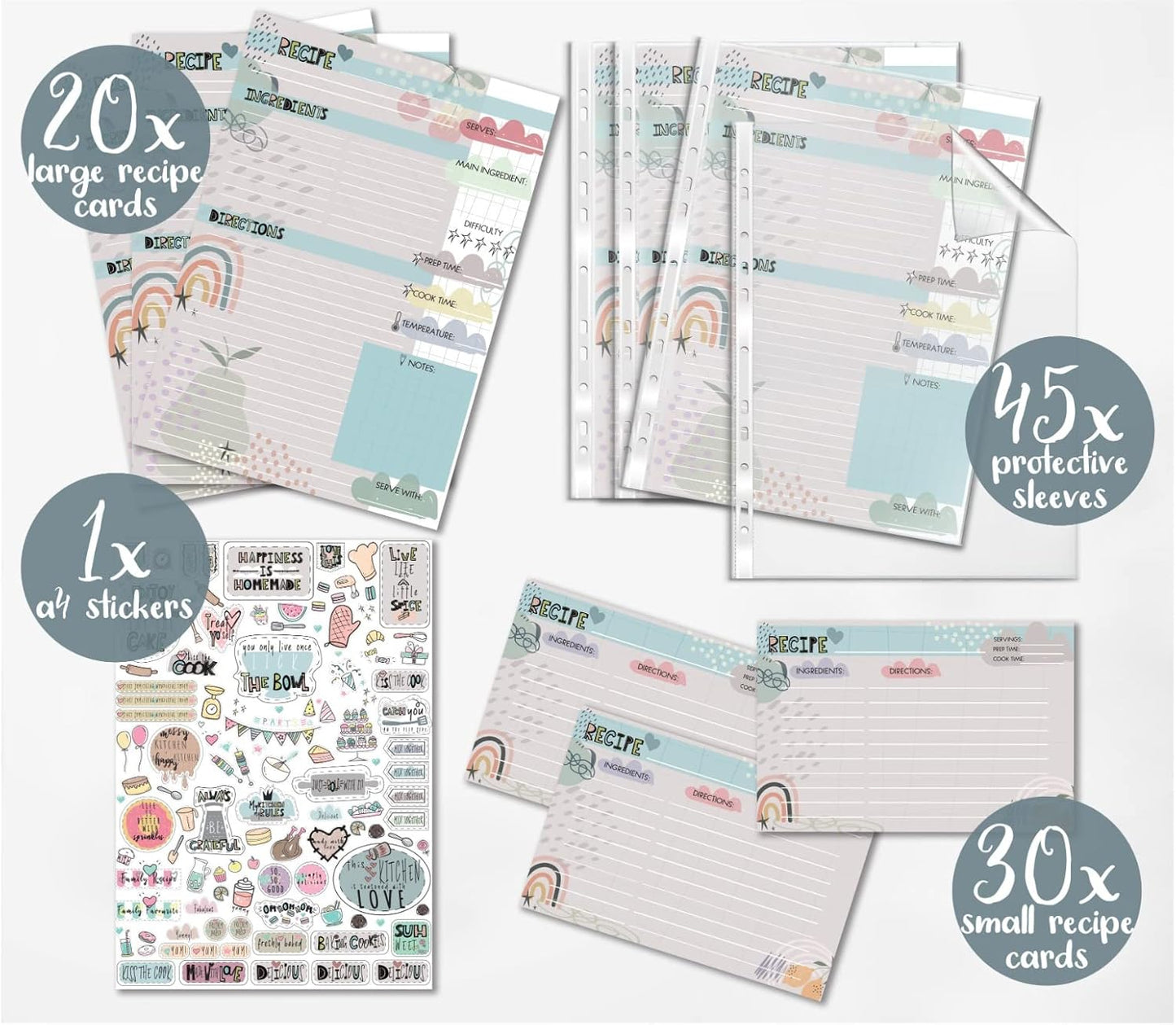 Recipe Binder Refill Pages: 30 4x6 Recipe Cards, 20 A4 Recipe Cards, 45 Page Protectors