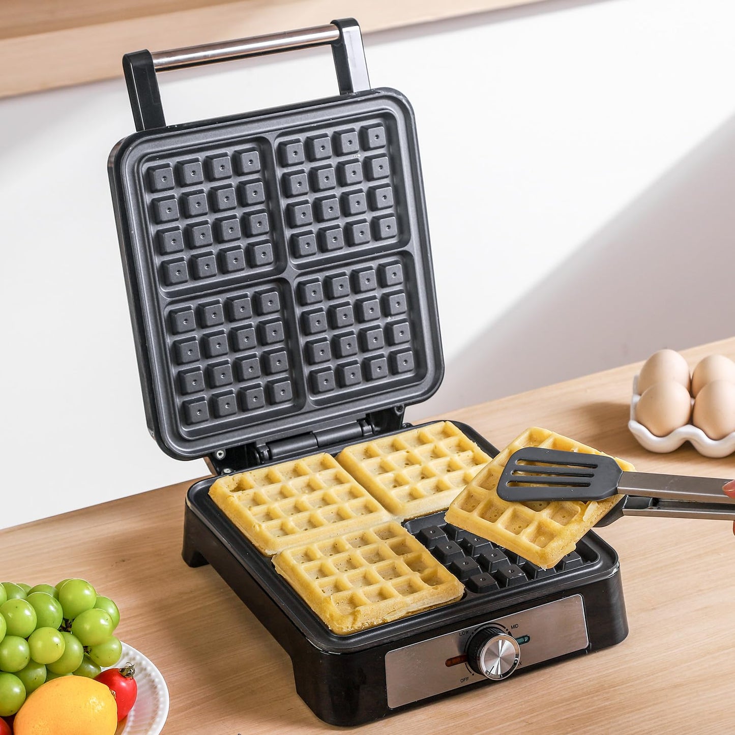 UVFAST Waffles Maker Waffle Iron, 4 Belgian Square Waffle Maker, Belgian Waffle Maker Thick with Non-stick Plate, Breakfast Waffle Machine Make Waffle in Minutes, 3 Browning Level, 1200W