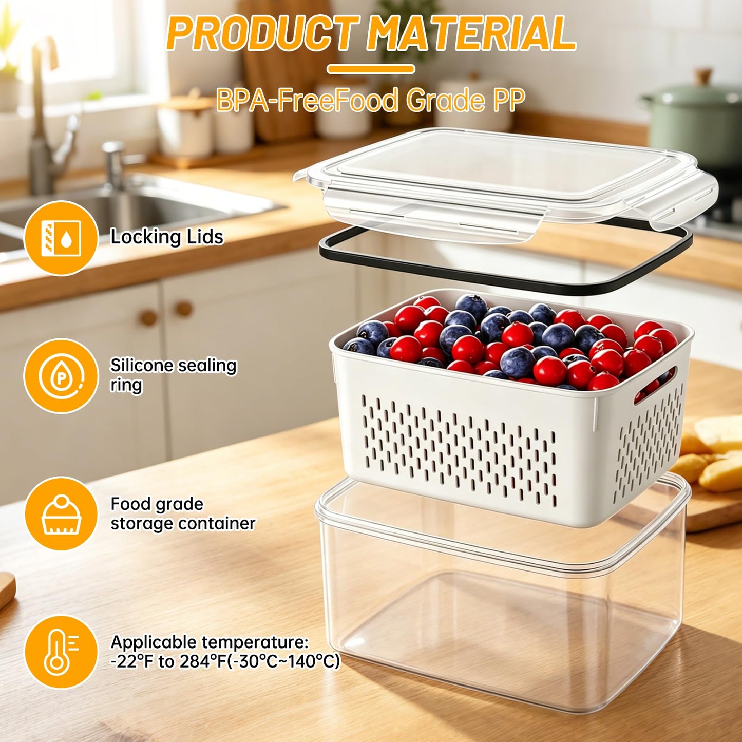 IKKAB 3 Pack Fruit Storage Containers for Fridge with Removable Colander, Airtight Produce Storage Containers for Fridge, 4-in-1 Fruit and Vegetable Storage, Berry Keeper, Stackable Veggie Containers