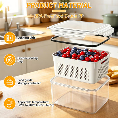 IKKAB 3 Pack Fruit Storage Containers for Fridge with Removable Colander, Airtight Produce Storage Containers for Fridge, 4-in-1 Fruit and Vegetable Storage, Berry Keeper, Stackable Veggie Containers