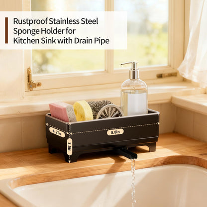 MOUKABAL Sponge Holder for Kitchen Sink – Rustproof Stainless Steel, 360° Rotating Drain Pipe, Large Counter Organizer with Drip Tray for Sponges, Brushes & Dish Cloths Black