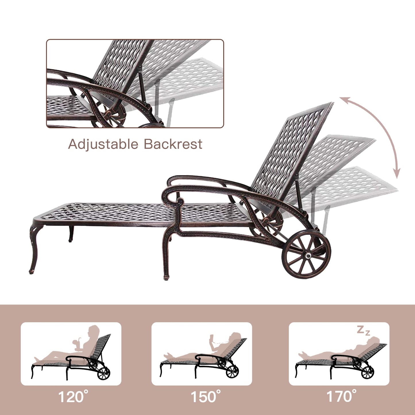 Villeston Chaise Lounges Outdoor - Lounge Chairs for Outside Pool Tanning Chair Adjustable Patio Reclining Cast Aluminum for Beach Yard, Antique Bronze