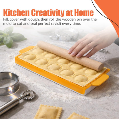 Ultimate Ravioli Maker Press & Dumpling Maker Kit - 10-Hole Ravioli Mold, Pasta Roller, Pastry Wheel & Pierogi Press - Stainless Steel Empanada Maker Machine & Pasta Making Tools for Kitchen (Round)