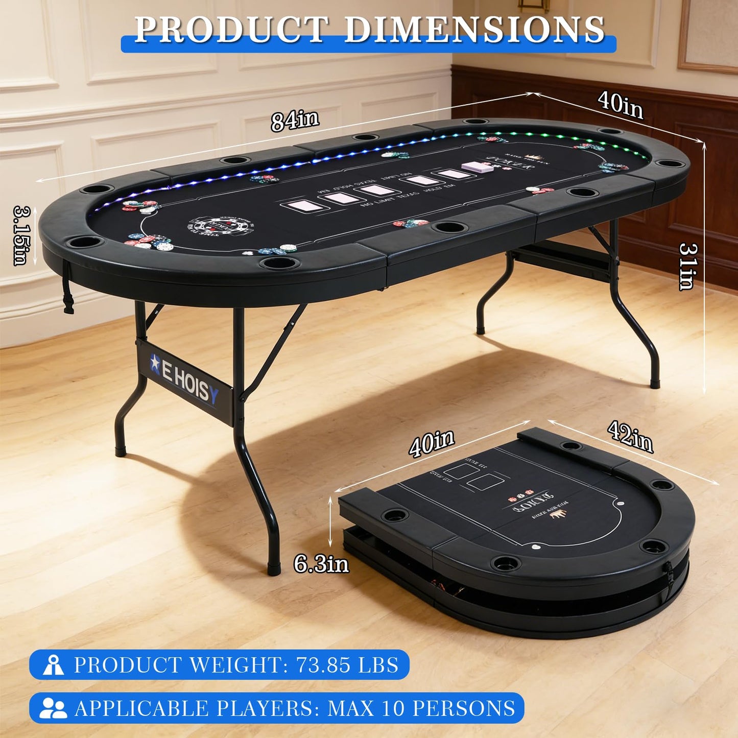 REAHOISY LED Poker Table, 84" 10 Players Oval Foldable Texas Holdem Casino Table with Tri-Color LED Lights, Board Game Table for Home Game Room with 10 Cup Holders and Padded Armrests