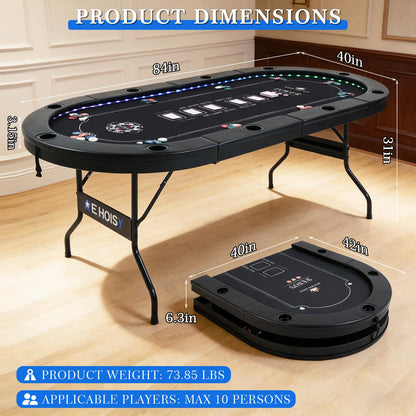 REAHOISY LED Poker Table for 10 Players, 84" Oval Foldable Texas Holdem Casino Table with Tri-Color LED Lights, Board Game Table for Home Game Room with 10 Cup Holders and Padded Armrests