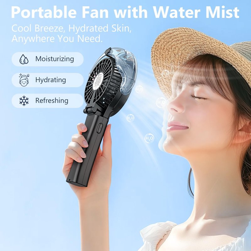 WITHOUSE 6000mAh Portable Handheld Misting Fan as Backup Power, 50ml XL Water Tank, 20H Runtime 3 Speeds, 180° Foldable Rechargeable Mist Fan for Travel, Outdoors, Makeup - Black