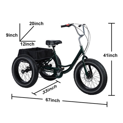 20 Inch Fat Tire Adult Tricycle, 7-Speed Heavy-Duty, 450lb Capacity,Large Cargo Basket, Dual Disc Brakes, Comfort Seat for Seniors,3 Wheel Bike with Spacious Shopping Basket Black 172cm/67.72", W: 85