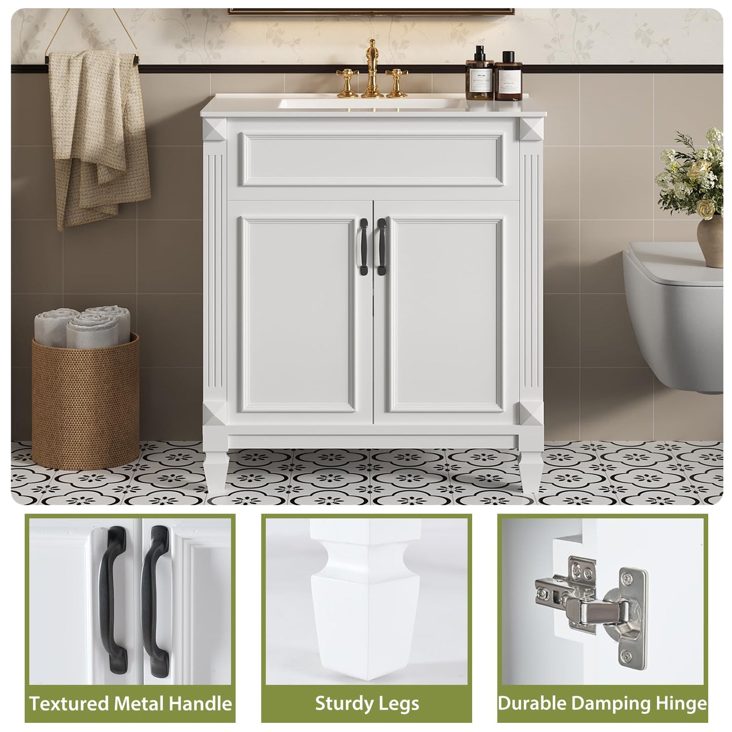 Sweetcrispy 30" Bathroom Vanity with Sink, Bathroom Storage Vanity Sink with 2 Doors, Farmhouse Wooden Free Standing Bathroom Cabinet with Sink, Easy Assembly, NO Mirror Faucet, Ivory White