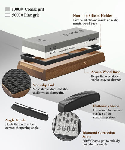 HEZHEN Extra Large Double-sided White Corundum Whetstone Knife Sharpening Stone Grit 1000/5000 Waterstone- 7.9x3.1x1.2 inch Knife Sharpener- Non-slip Acacia Wood Base & Flattening stone & Angle Guide
