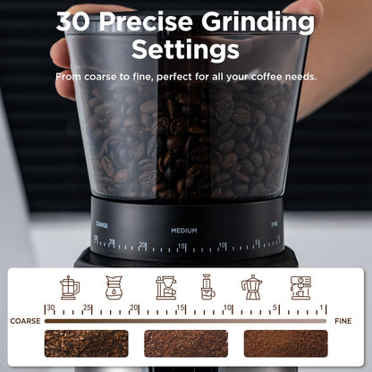 Ollygrin Burr Coffee Grinder, Electric Conical Coffee Bean Grinder With 30 Adjustable Grind Settings For 2-12 Cups, Sliver & Black