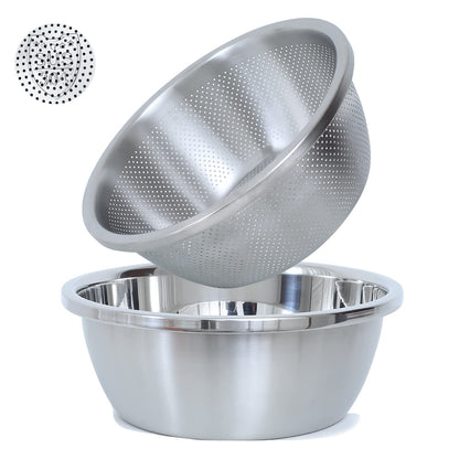 304 Stainless Steel Microporous Colander, 3.5QT Large Capacity with Mixing Bowl For washing vegetables fruit and rice and for draining cooked pasta(2PC)
