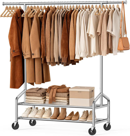 Skiennix Heavy Duty Clothes Rack - Rolling Metal Garment Rack with 650 LBS Capacity & 2 Shelves | Silver