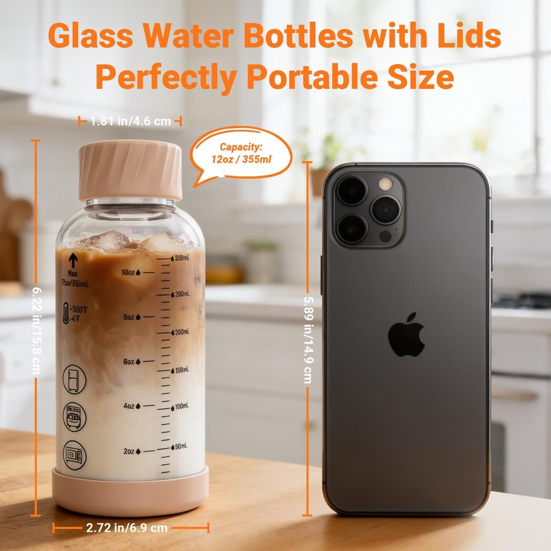 Luxfuel Glass Juice Bottles with Lids 12oz, 6 Pack – Borosilicate Glass Bottles for Juicing, Smoothies, Water & Beverage Storage, Stainless Steel Lids, Reusable, Leakproof, Heat-Resistant, BPA-Free