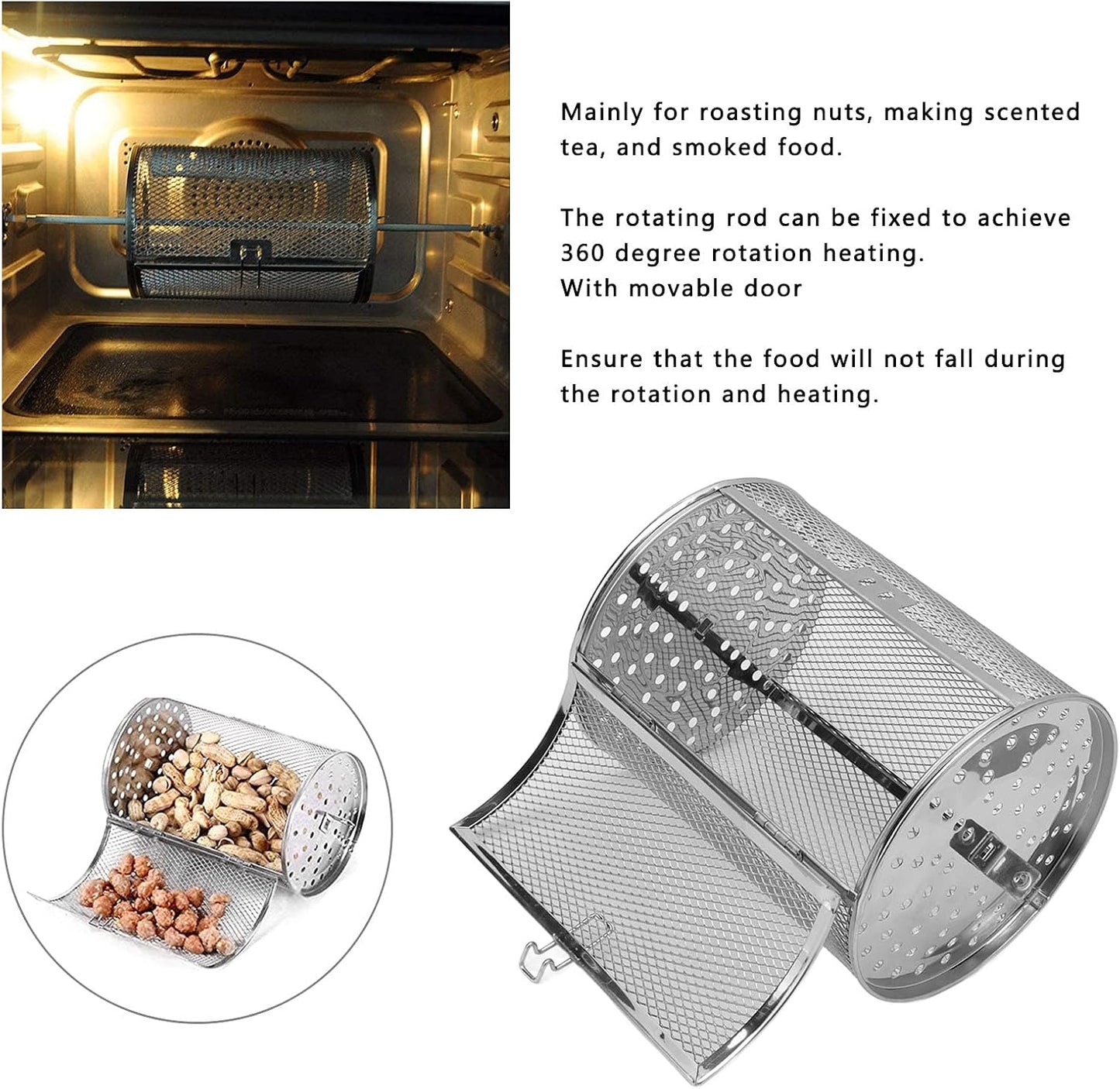 Stainless Steel Rotisserie Basket, 360 Degree Rotatable Oven Cage for Baking Nuts BBQ Roaster Tool