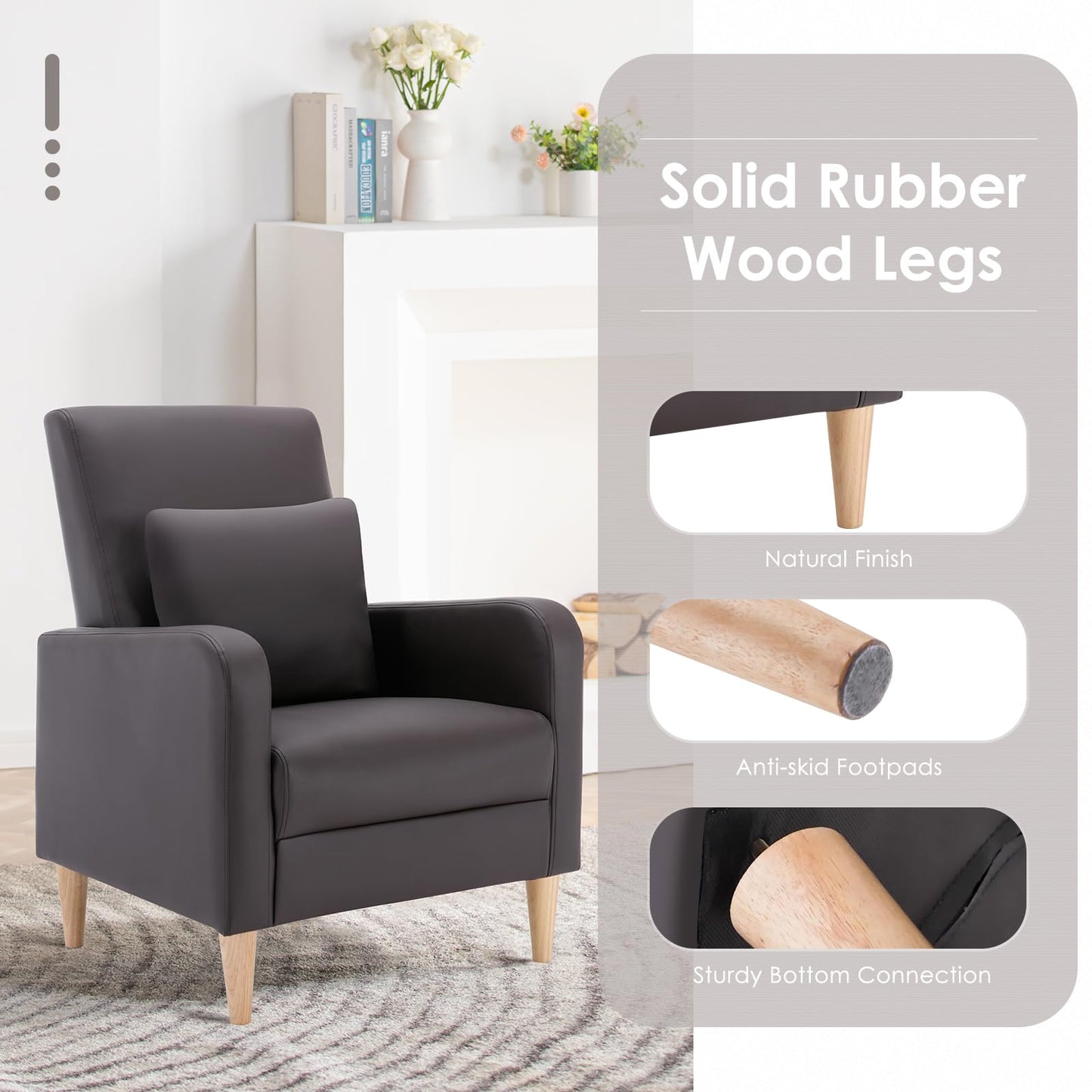 COLAMY Modern Accent Living Room Chairs Set of 2, Upholstered PU Leather Armchair Reading Side Chair, Single Sofa with Back Pillow and Wood Legs, Brown