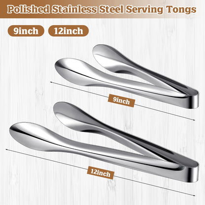 Yiyiring 2 Pack Polished Stainless Steel Serving Tongs 9 and 12 Inch Metal Food Silver Tong for Buffet Salad BBQ Grilling Heavy Duty Kitchen Utensils for Cooking Catering Wedding Party