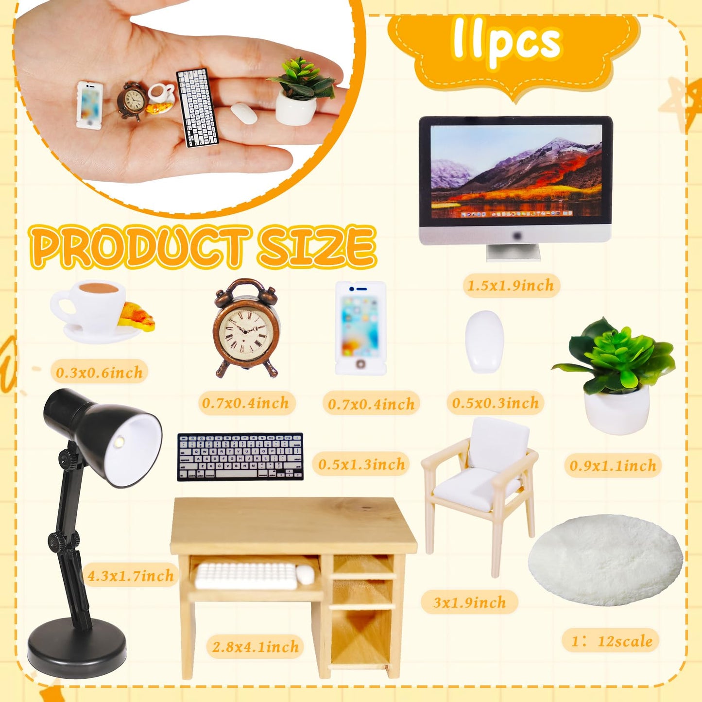 Hiawbon 11PCS 1:12 Scale Miniature Office Furniture Set, Miniature Office Table and Chair, Mini Simulation Desktop Computer with Mouse Keyboard Model Simulation Accessories for Mini House