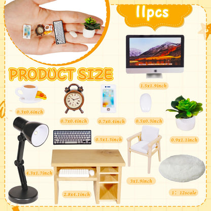 Hiawbon 11PCS 1:12 Scale Miniature Office Furniture Set, Miniature Office Table and Chair, Mini Simulation Desktop Computer with Mouse Keyboard Model Simulation Accessories for Mini House