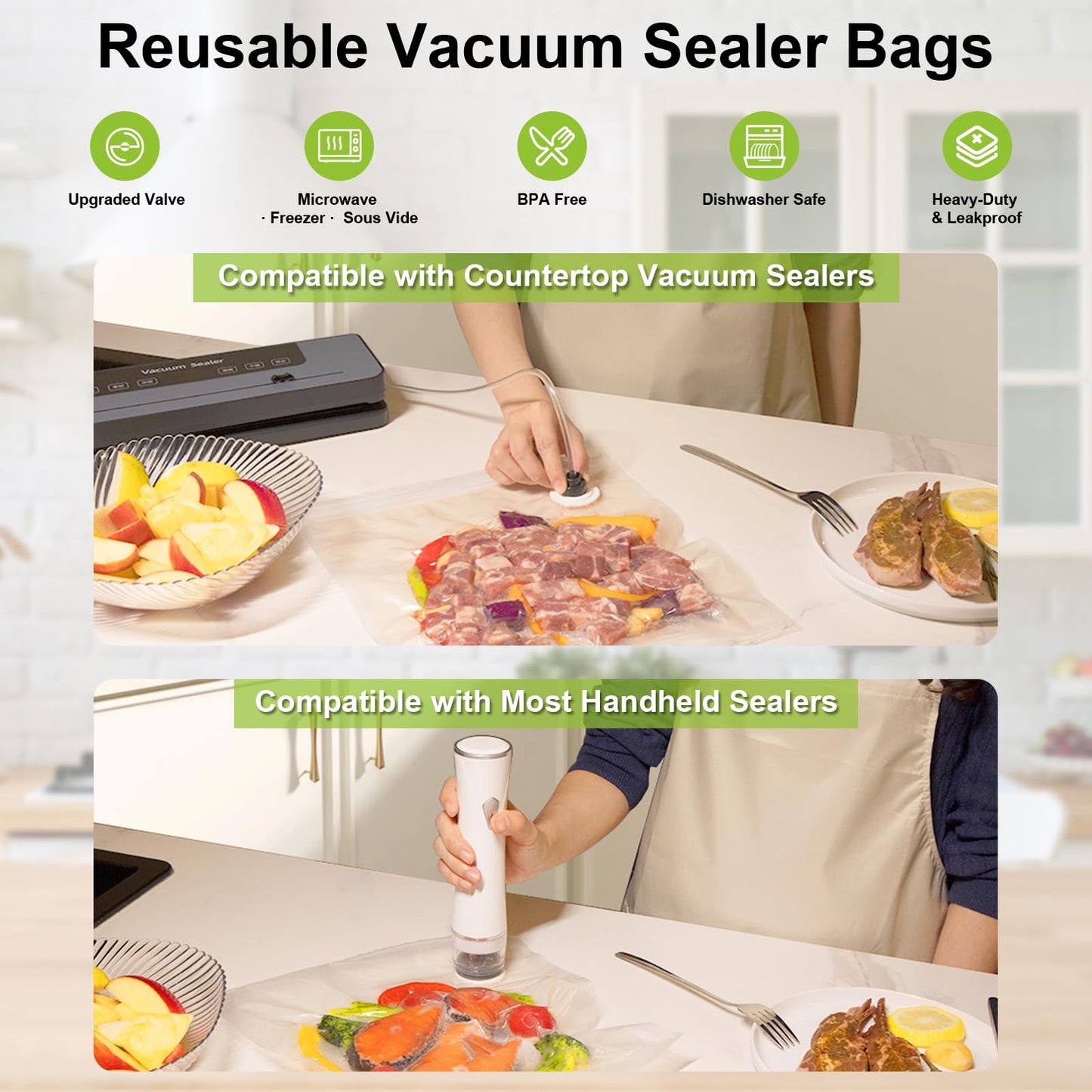 TomCare Vacuum Sealer Bags for Food: 50 PCS with 6 Clips - 12x19”(XL, 10PCS) 12x13”(L, 20PCS) 10x11”(M, 20 PCS) Reusable Vacuum Seal Bags Food Storage Vacuum Bags for Sous Vide Freezer Microwave