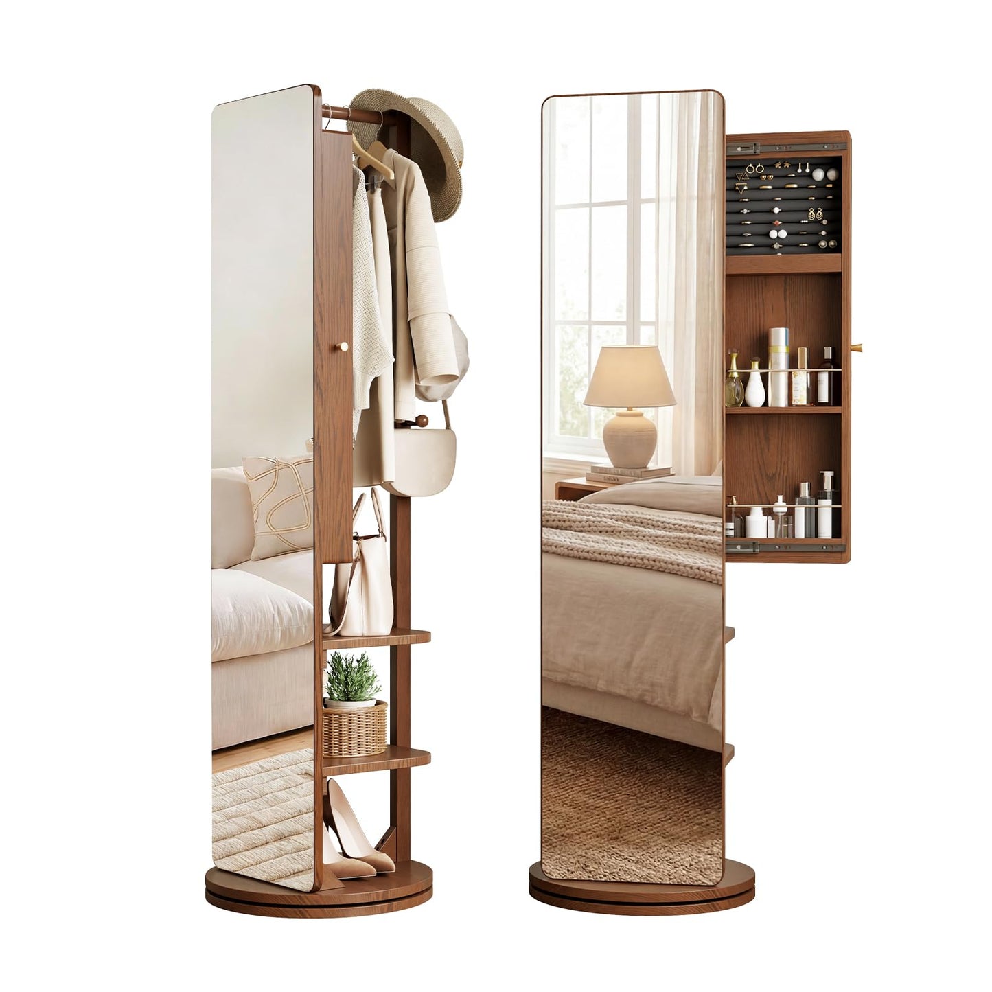 Mansfieler 69" H×20" W Solid Wood Mirror Jewelry Cabinet,360°Swivel Jewelry Organizer,Jewelry Armoire Cabinet Standing,Full Length Mirror with Storage&Coat Rack,Walnut