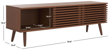 SAFAVIEH Averi TV Stand for up to 65" Flatscreen – Dark Walnut, 2 Sliding Doors with Interior Storage, 2 Open Shelves, Entertainment Media Console (MED9637A)