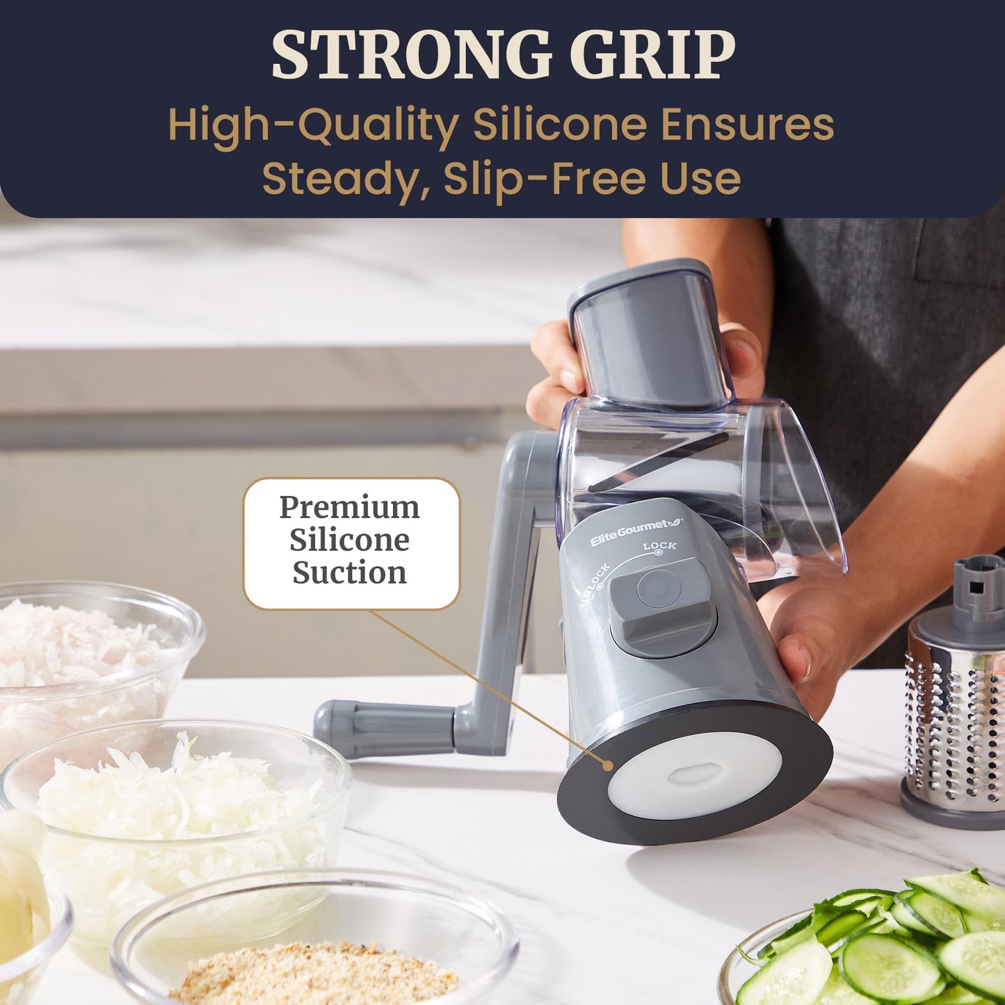 Elite Gourmet EFP593 Rotary Cheese Grater with 3 Stainless-Steel Blades for Slicing, Shredding & Fine Shredding, Strong Suction Base, Dishwasher-Safe, Grey