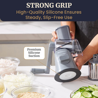 Elite Gourmet EFP593 Rotary Cheese Grater with 3 Stainless-Steel Blades for Slicing, Shredding & Fine Shredding, Strong Suction Base, Dishwasher-Safe, Grey