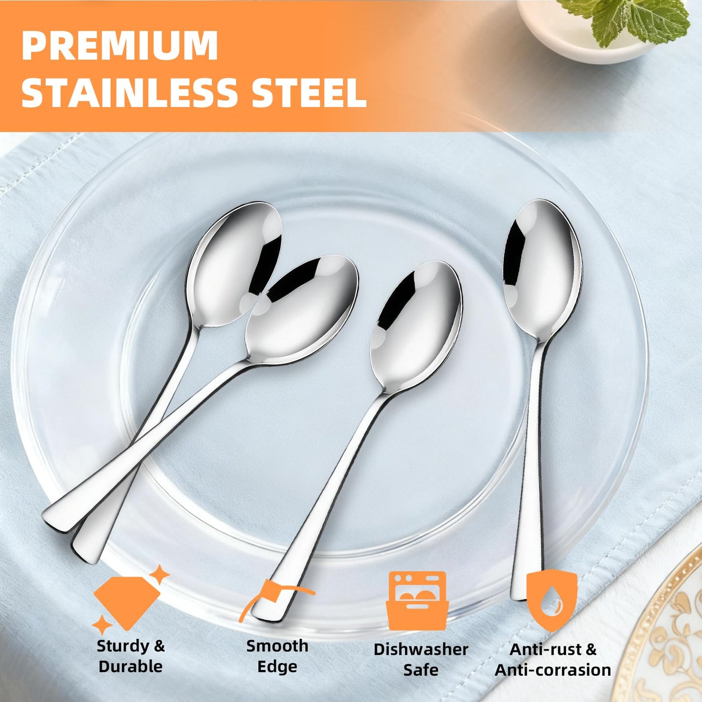 4-Piece Soup Spoons Set, 8.26" Stainless Steel Large Dinner Spoon with 5.5" Long Handle for Soup, Cereal, Dessert, Serving, Dishwasher Safe