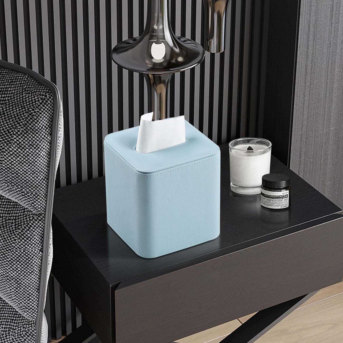 MEIBOOCH PU Leather Tissue Box Cover with Magnetic Closure, Square Tissue Box Holder with Rounded Edges Design (Blue, Square)