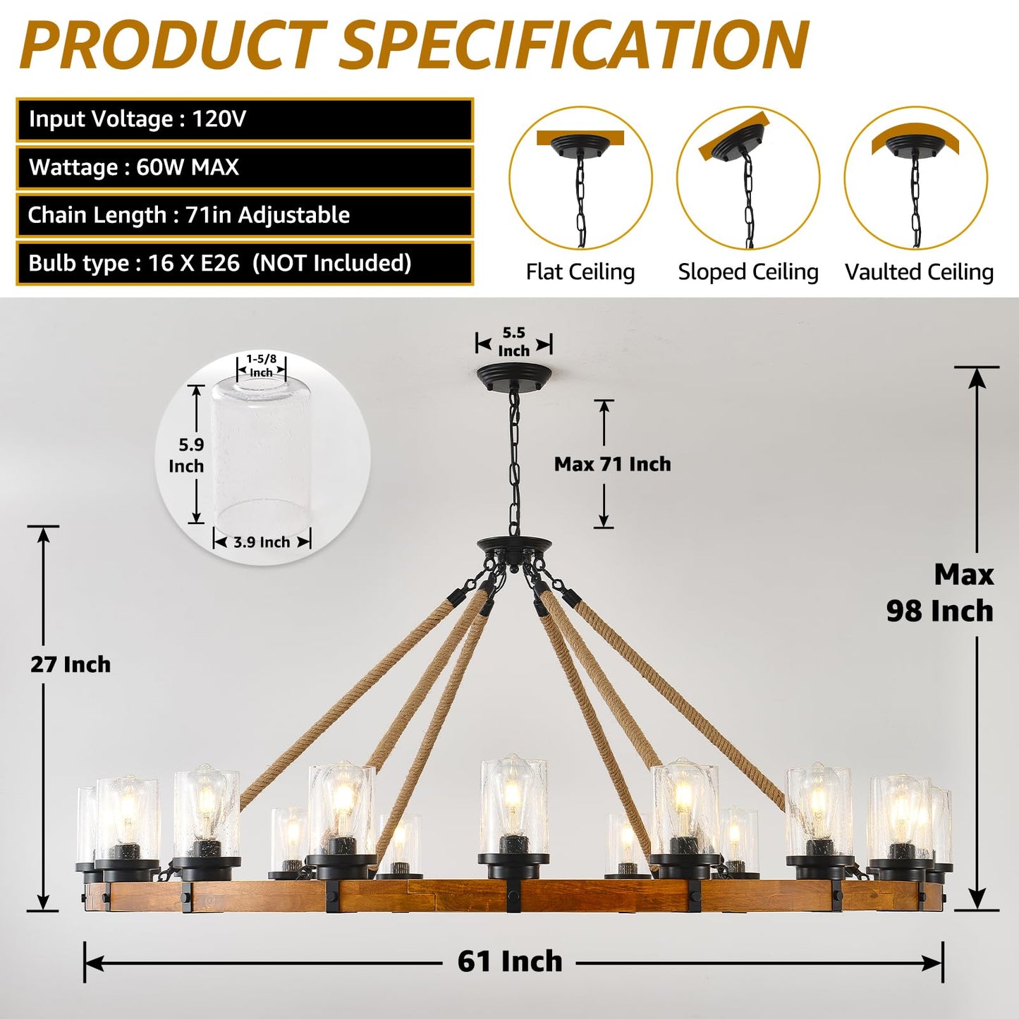 FOVICY 60-Inch Wood Wagon Wheel Chandelier with Bubble Glass Shade, 18-Light Extra Large Farmhouse Chandelier, Rustic Light Fixture for Dining Room High Ceilings Entryway
