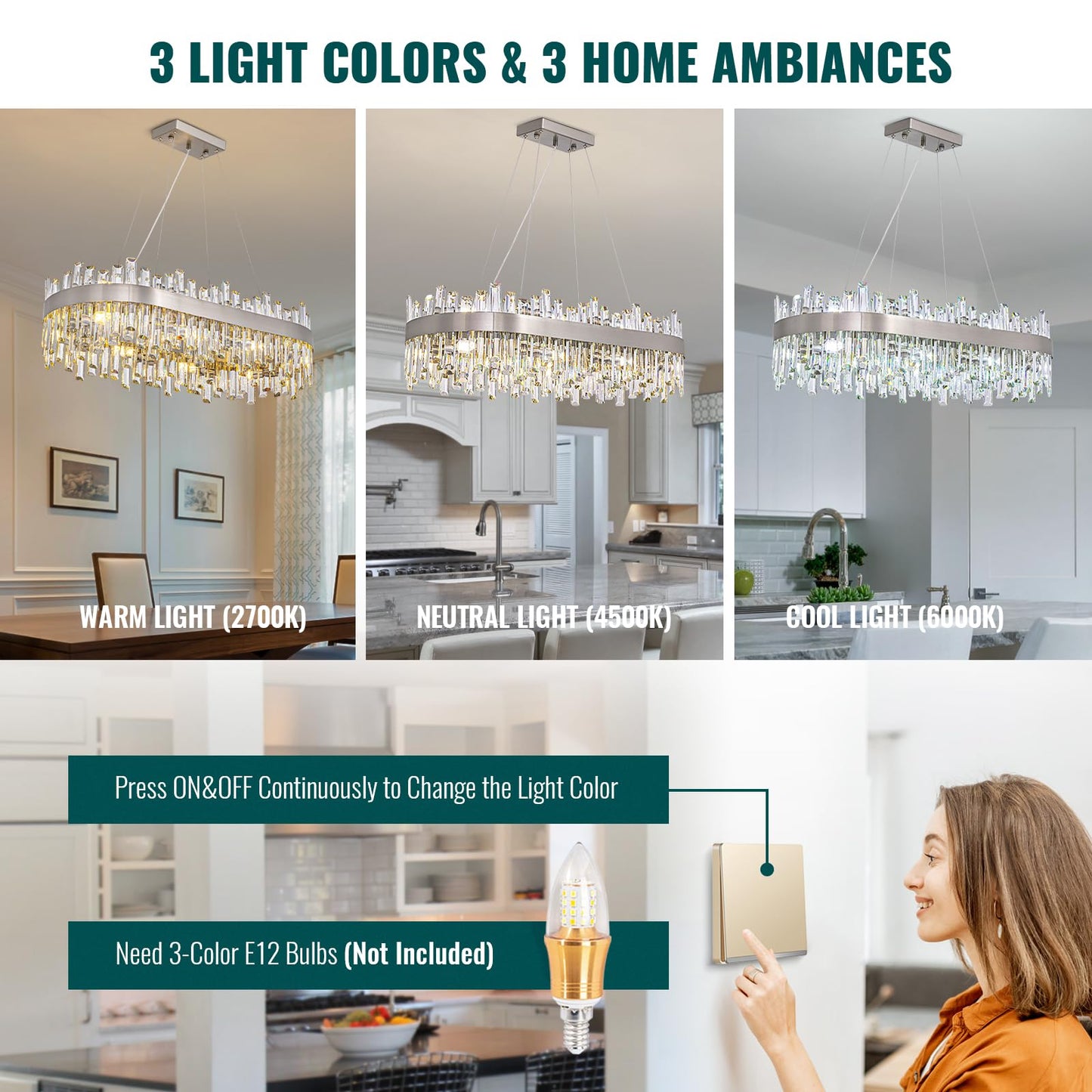 Siljoy Modern Crystal Chandelier, Luxury Rectangular 2-Tiers K9 Crystal Raindrop Chandelier, 16-Light Adjustable Hanging Crystal Ceiling Light for Dining Room Living Room Kitchen L35.4''