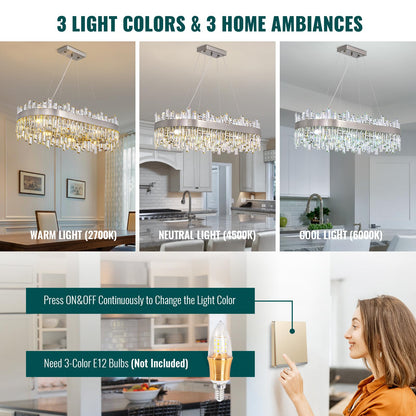 Siljoy Modern Crystal Chandelier, Luxury Rectangular 2-Tiers K9 Crystal Raindrop Chandelier, 16-Light Adjustable Hanging Crystal Ceiling Light for Dining Room Living Room Kitchen L35.4''
