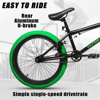 cubsala Freestyle BMX Bike, 20 Inch Yaphet Bicycle for Teen Beginner and Adult Riders, Bike with Hi-Ten Steel Frame, Black with Green Tires