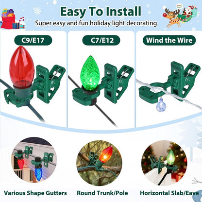 C7 C9 christmas light spring clips, 100Pcs Self-lock heavy duty quick Christmas Light Clips, Fit E12/E17 Base, Mini Lights Holiday Rope Lights, Perfect for gutter Shingle Metal Roof Fence Railing