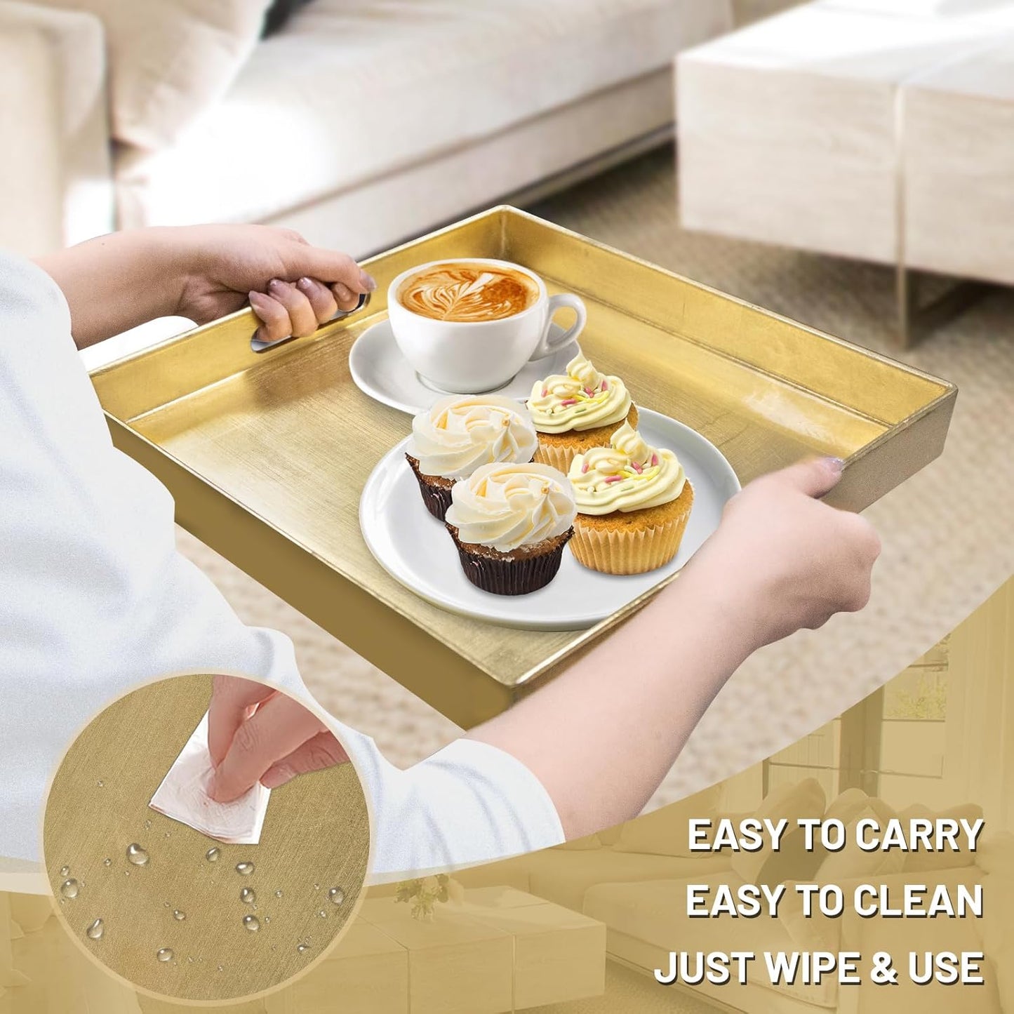 13" 13" 1.6" MAONAME Gold Decorative Tray with Handles, Foil Serving Tray for Ottoman, Square Coffee Table Trays