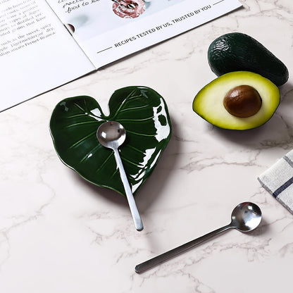 Koythin Ceramic Leaf-Shaped Spoon Rest, Decorative Spoon Holder, Elegant Kitchen Accessories (Green Leaves)