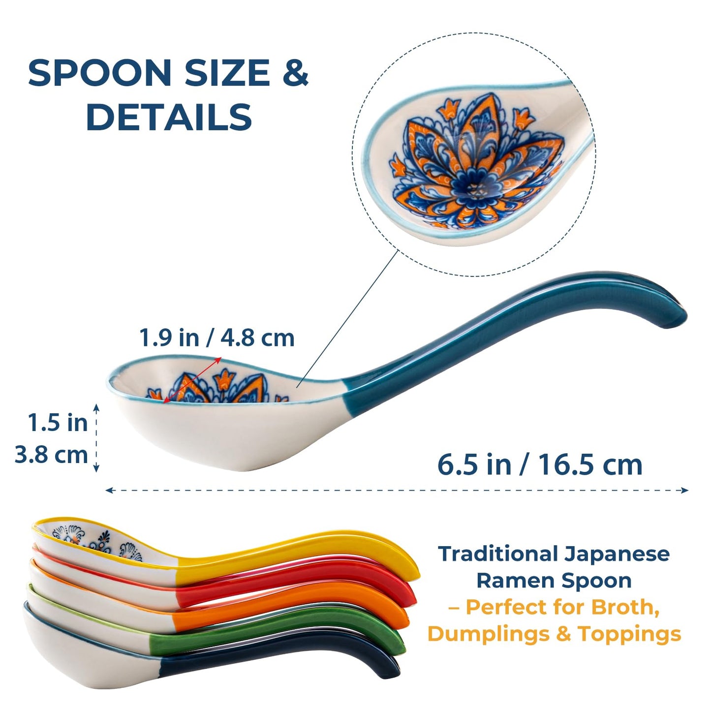 Asian Soup Spoon Set of 6 – Boho Ceramic Ramen Spoon with Long Handle, Deep Soup Spoons for Japanese Ramen, Pho, Dumplings, Miso, Wonton – Dishwasher Safe