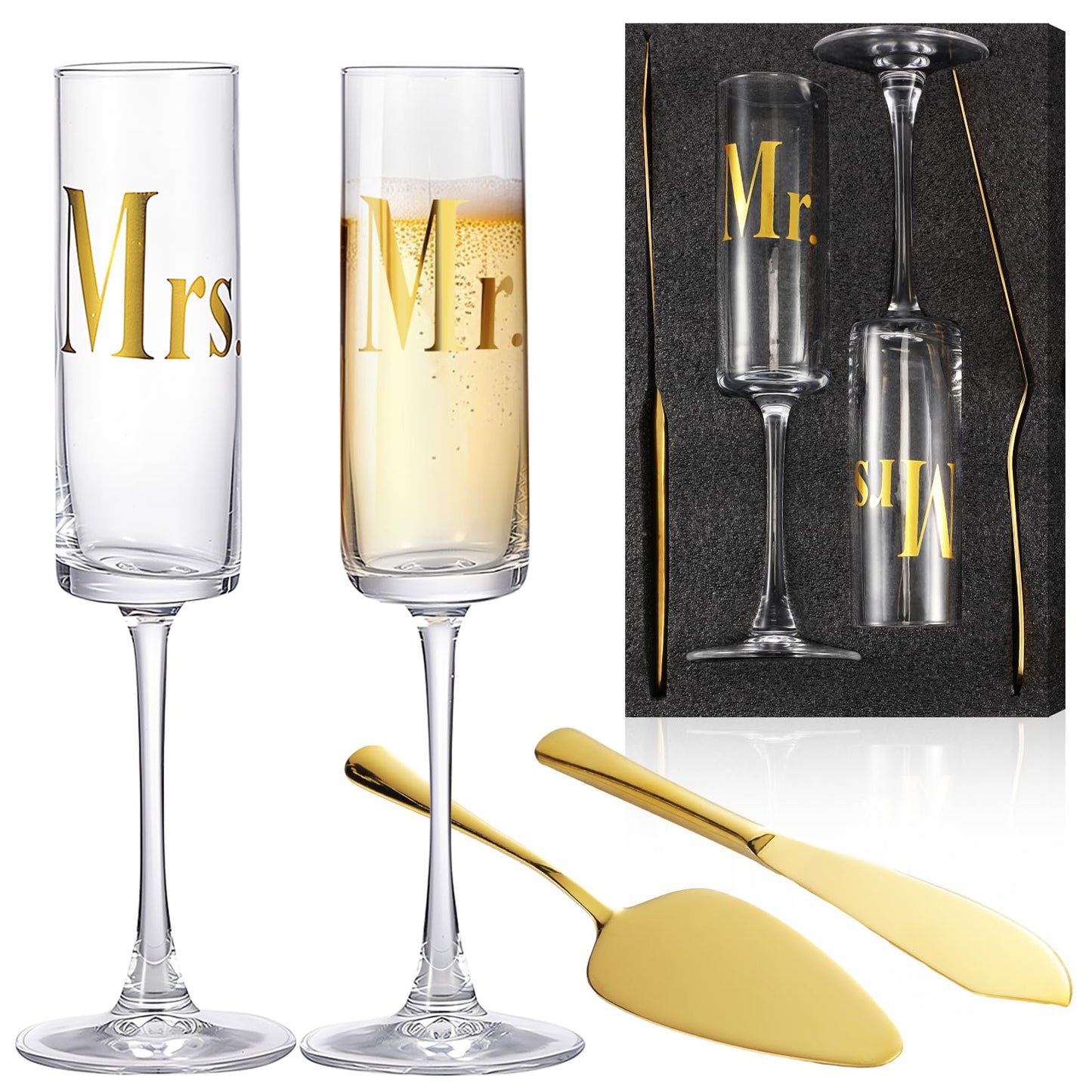 Boao 4 Pieces Wedding Toasting Flutes and Cake Server Set Wedding Reception Supplies Champagne Glasses Cake Knife Pie Server (Gold,Elegant)