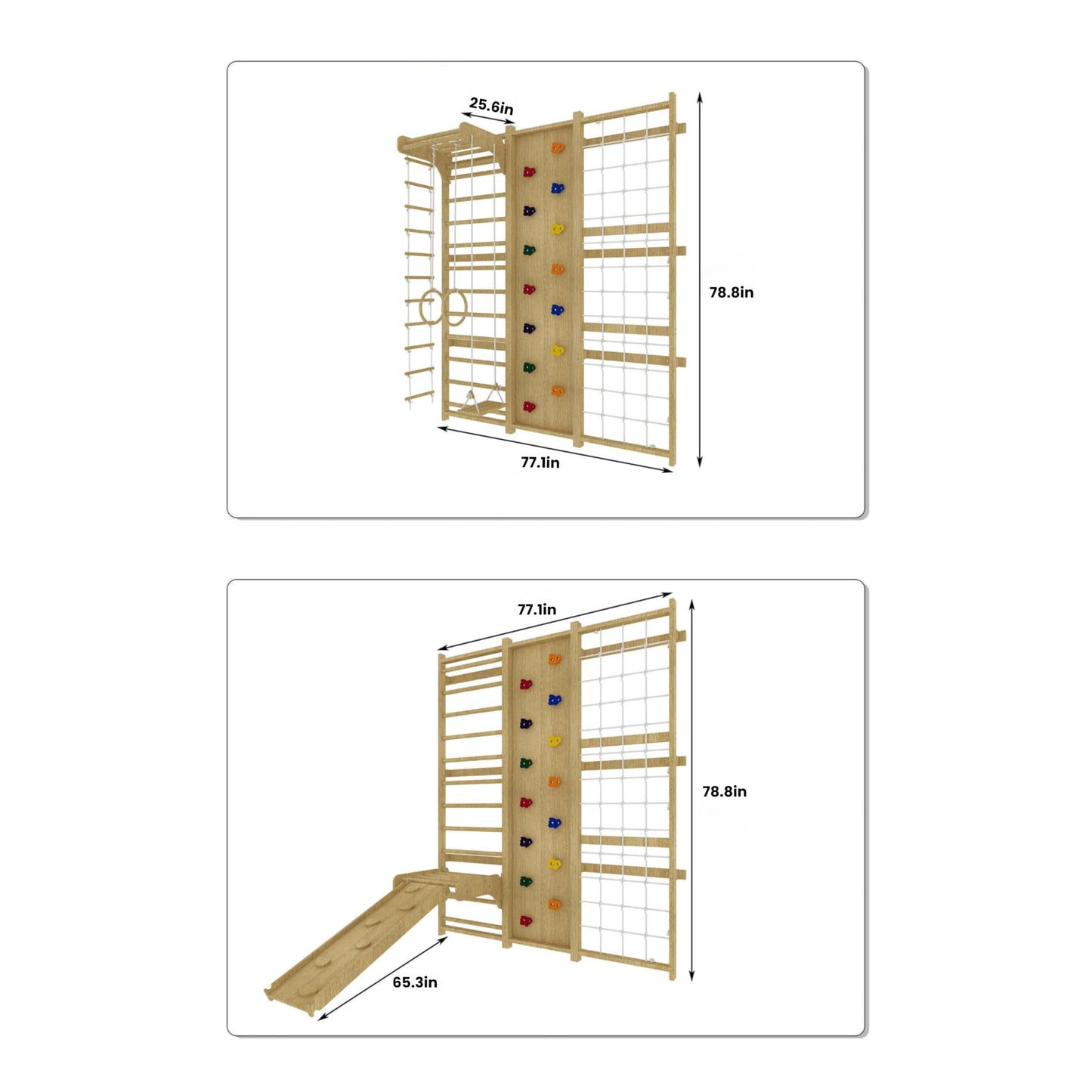 Avenlur Walnut 9-in-1 Swedish Ladder Wall Gym Set - 78.8 Inches - Trapeze Swing, Rope Ladder, Rock Wall, Rope Wall, Rock Ramp Climber, Slide, Pull-up Bar, Ladder and Swing