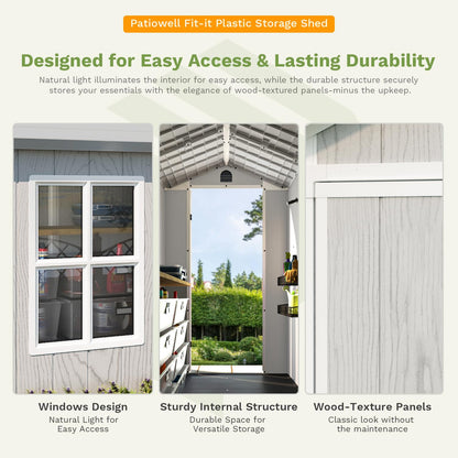 Patiowell 4x8 FT Plastic Outdoor Storage Shed with Floor, Garden Tool Resin Storage Shed with Two Windows and Single Lockable Door for Garden, Backyard, Lawn, Easy to Install, Light