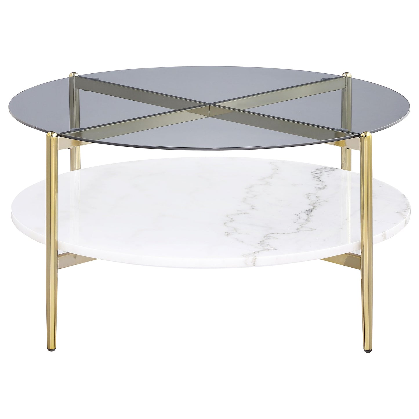 Coaster Home Furnishings - Jonelle - Round Coffee Table with Glass Top, White Marble Shelf and Gold Chrome Frame - Living Room - 33-Inch - Smoke - 710338