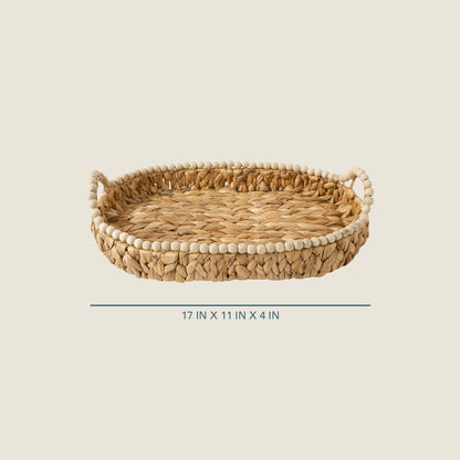 Gibson Home Riverrun Grove 17" Woven Decorative Serving Tray – Large Natural Water Hyacinth Basket w/Wood-Bead Trim & Handles for Coffee Table Décor, Ottomans, Centerpieces & Kitchen Counter Display