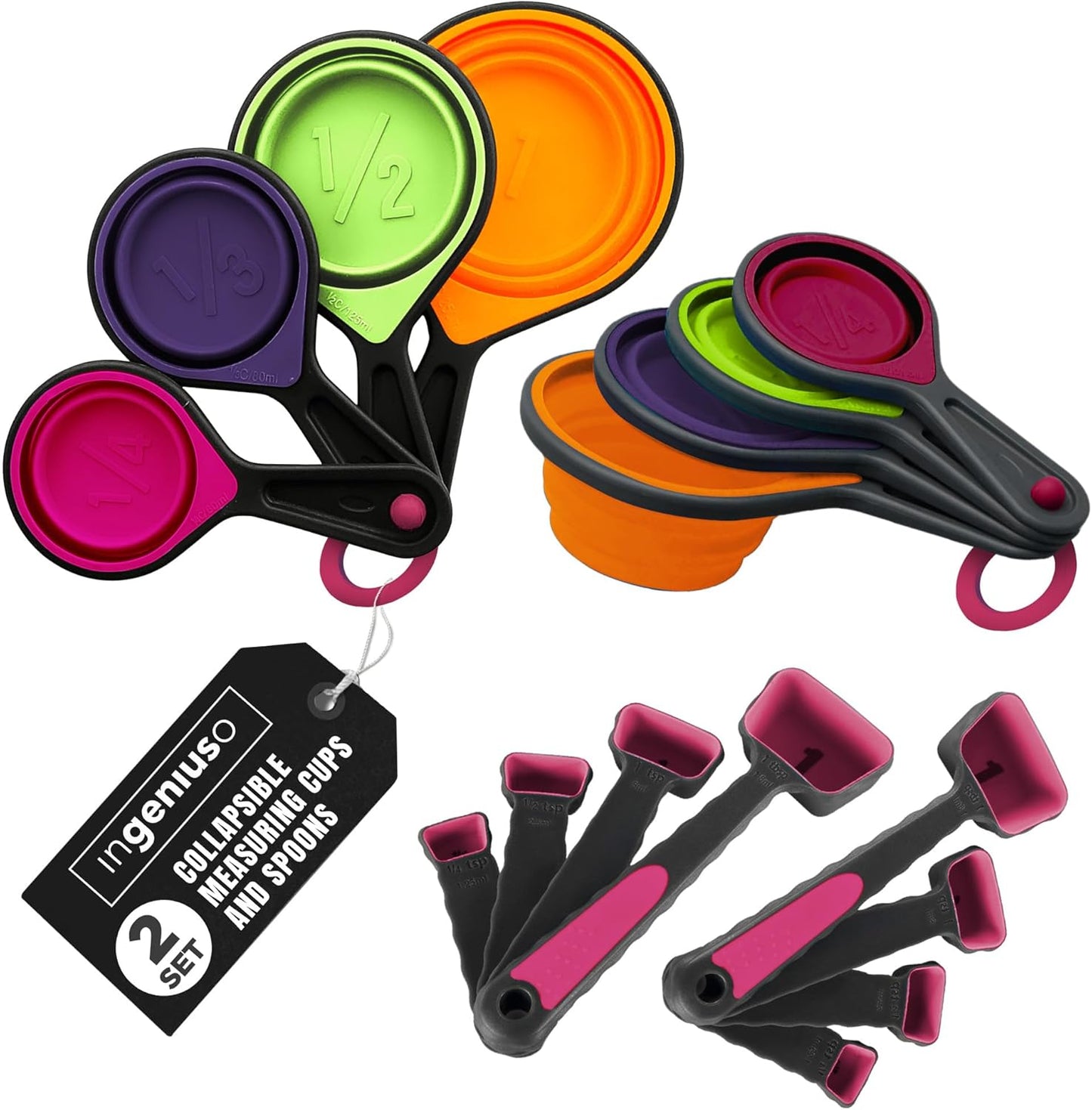 Collapsible Measuring Cups and Nesting Spoons, Adjustable Silicone for Cooking, Space-Saving - 2 Sets
