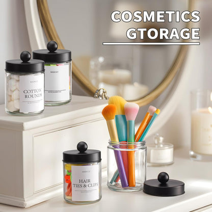 Skiennix Bathroom Organizers - 4 Pack Storage Accessories with Black Lids for Aesthetic Decor