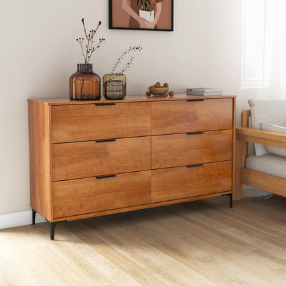 Giantex Wooden 6-Drawer Storage Cabinet w/Anti-Tip Kit & Sturdy Metal Legs, 59” Mid-Century Modern Storage Organizer for Hallway, Kitchen, Living Room, Entryway